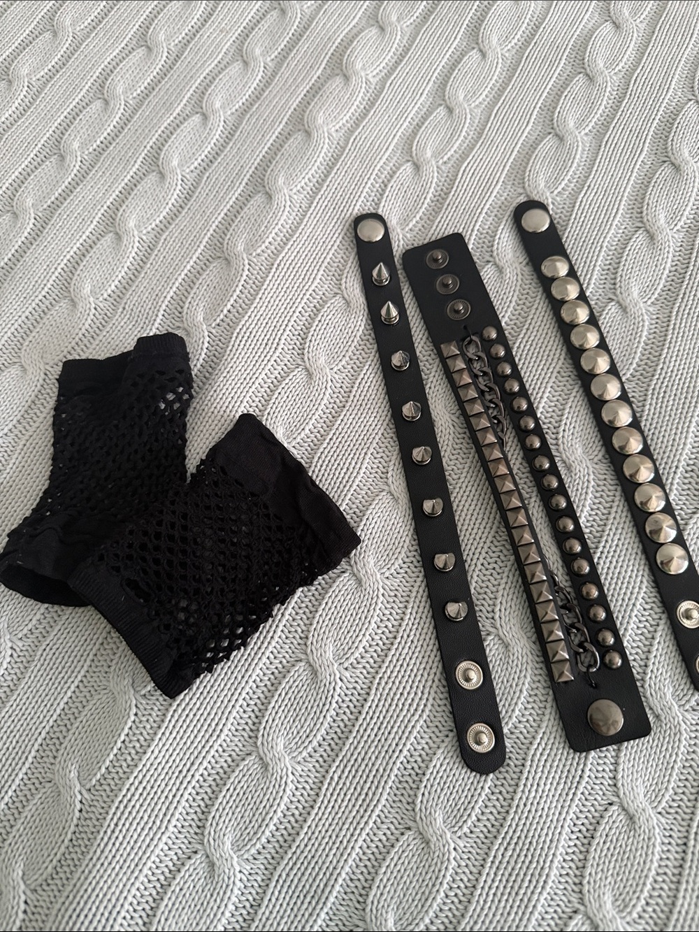 Black Studded Leather Bracelet Set with Fishnet Fingerless Gloves